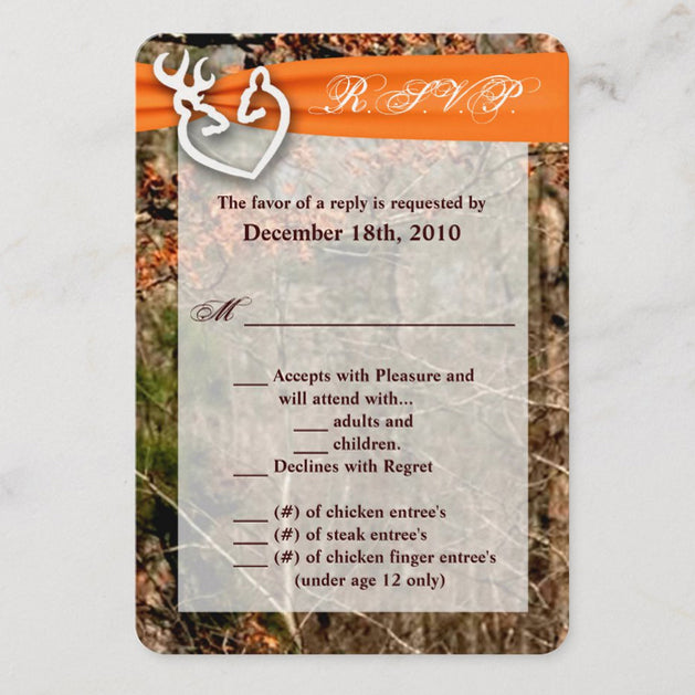 3.5x5 Vertical PRINTED Wedding R.S.V.P. Card - Camo Hunting Deer Heads Couple Buck Doe Orange Ribbon
