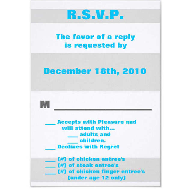 3.5x5 Vertical PRINTED Wedding R.S.V.P. Card - Light Gray, White, and Blue Stripe Pattern Background