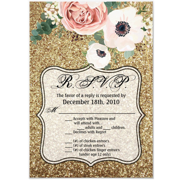 3.5x5 Vertical PRINTED Wedding R.S.V.P. Card - Gold Glitter Geometric Floral Flower Rose