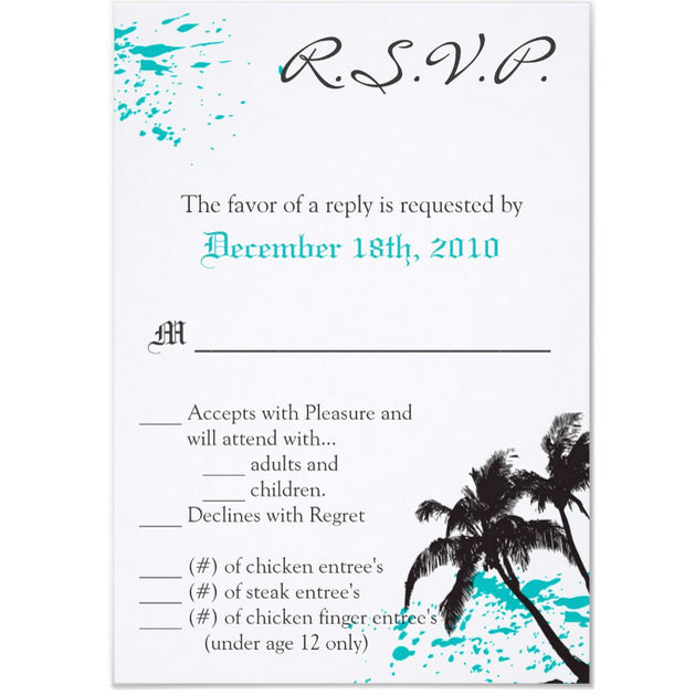 3.5x5 Vertical PRINTED Wedding R.S.V.P. Card - White, Teal, and Black Palm Tree Tropical Beach