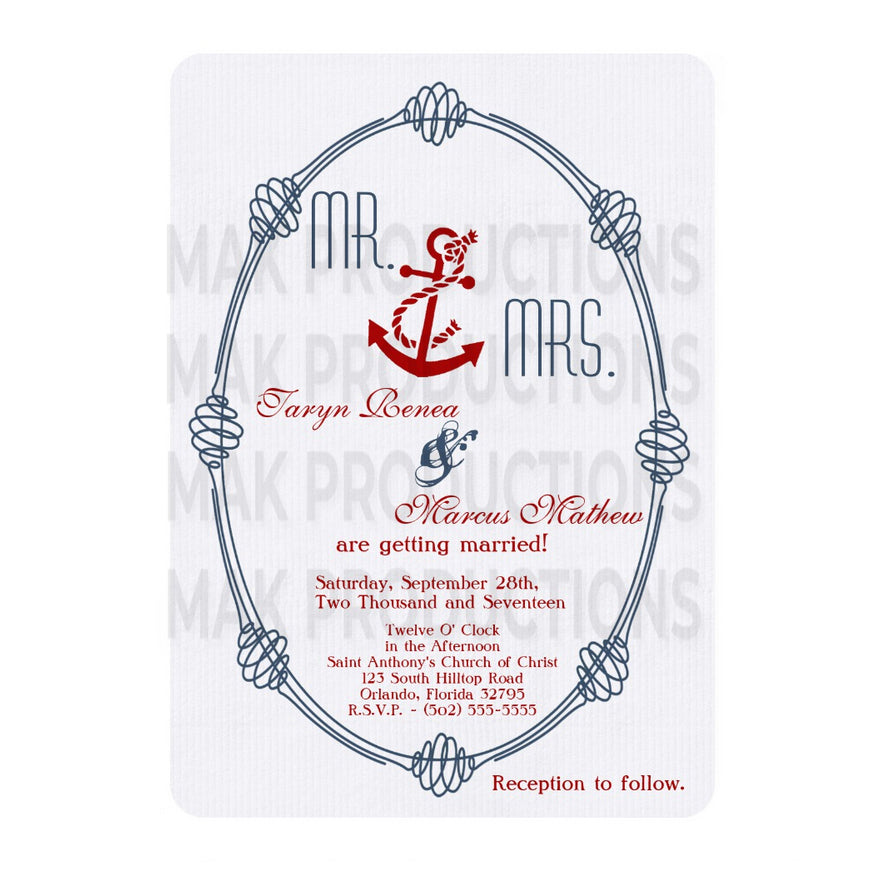 5x7 PRINTED Wedding Invitation - Blue, Red, and White Simple Elegant Ship Anchor