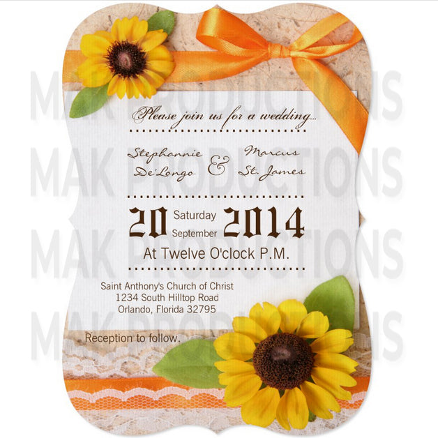 5x7 PRINTED Wedding Invitation - Orange and Yellow Cute Sunflower Bow