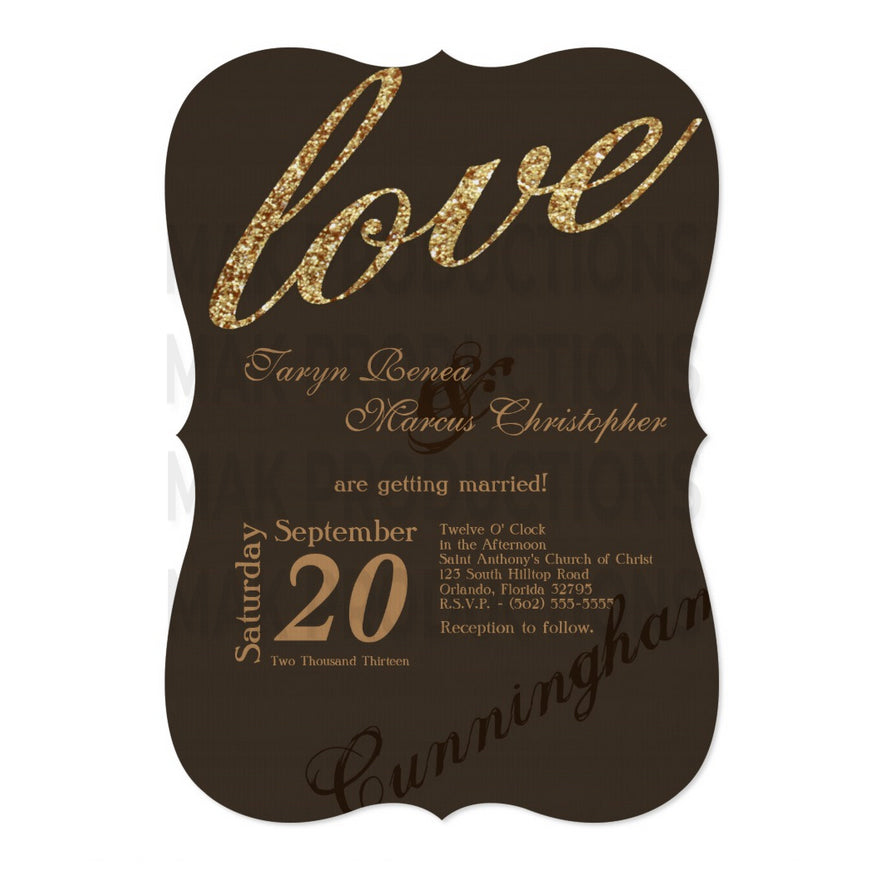 5x7 PRINTED Wedding Invitation - Brown and Gold Simple Minimalist Love Cursive