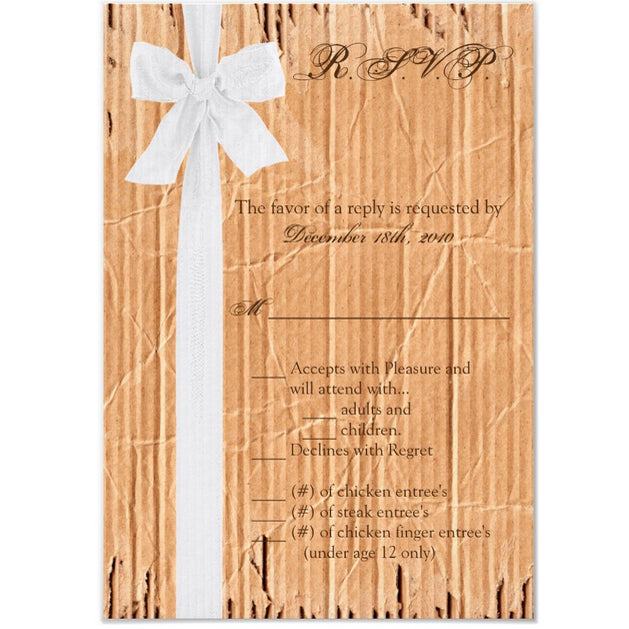 3.5x5 Vertical PRINTED Wedding R.S.V.P. Card - Cardboard Box White Bow Ribbon