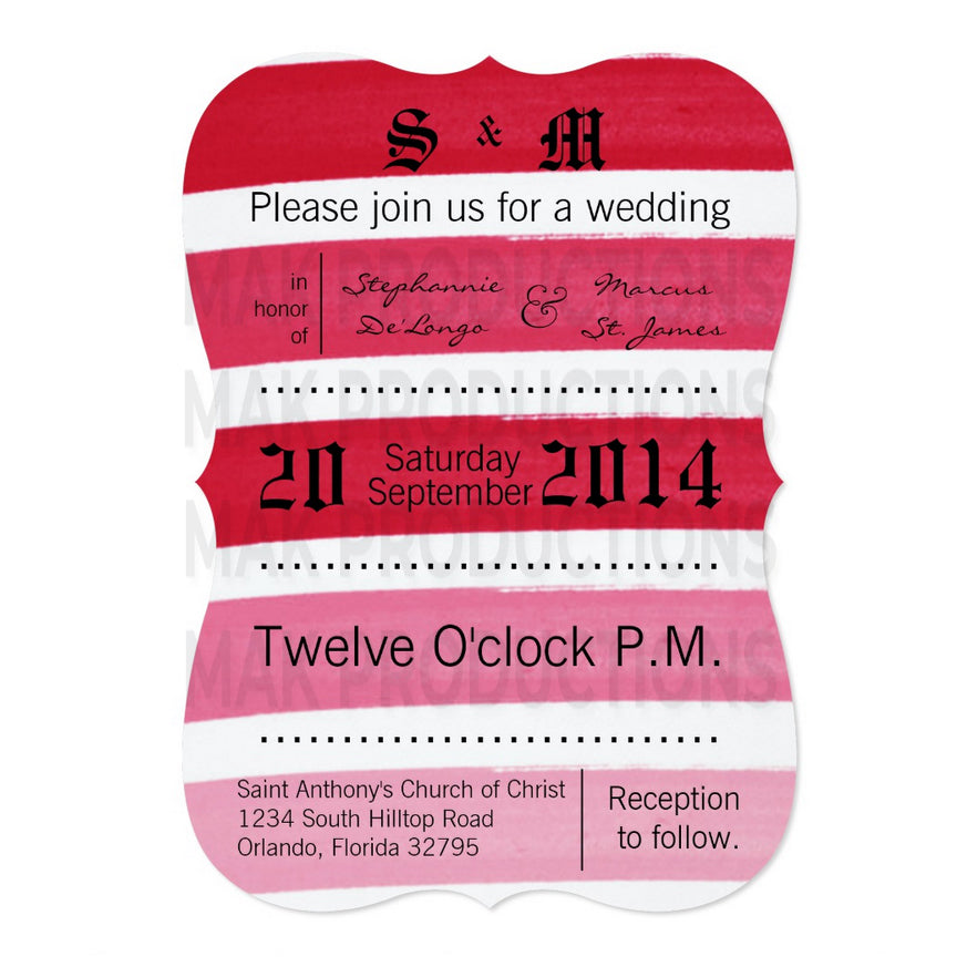 5x7 PRINTED Wedding Invitation - Pink Ombre Stripe Pattern