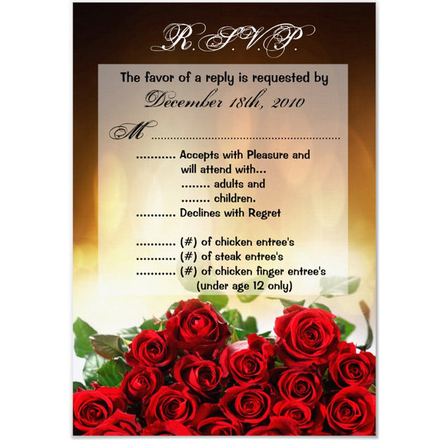 3.5x5 Vertical PRINTED Wedding R.S.V.P. Card - Black, Yellow, and Red Ombre Lights Roses Floral Flowers
