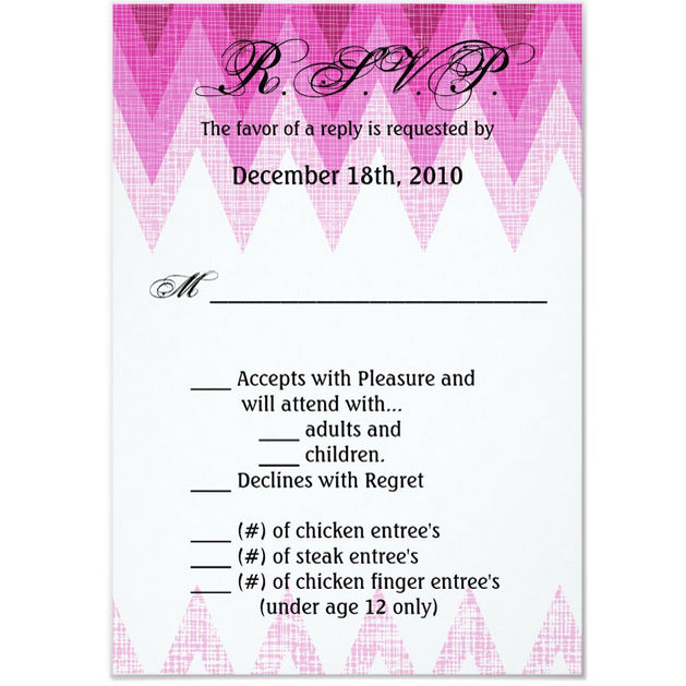 3.5x5 Vertical PRINTED Wedding R.S.V.P. Card - Pink Zig Zag Stripe Banner Hanging