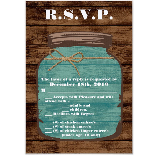 3.5x5 Vertical PRINTED Wedding R.S.V.P. Card - Wood Country Mason Jar