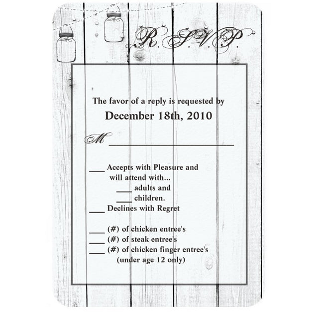 3.5x5 Vertical PRINTED Wedding R.S.V.P. Card - White Wood Boards Mini Country Mason Jars