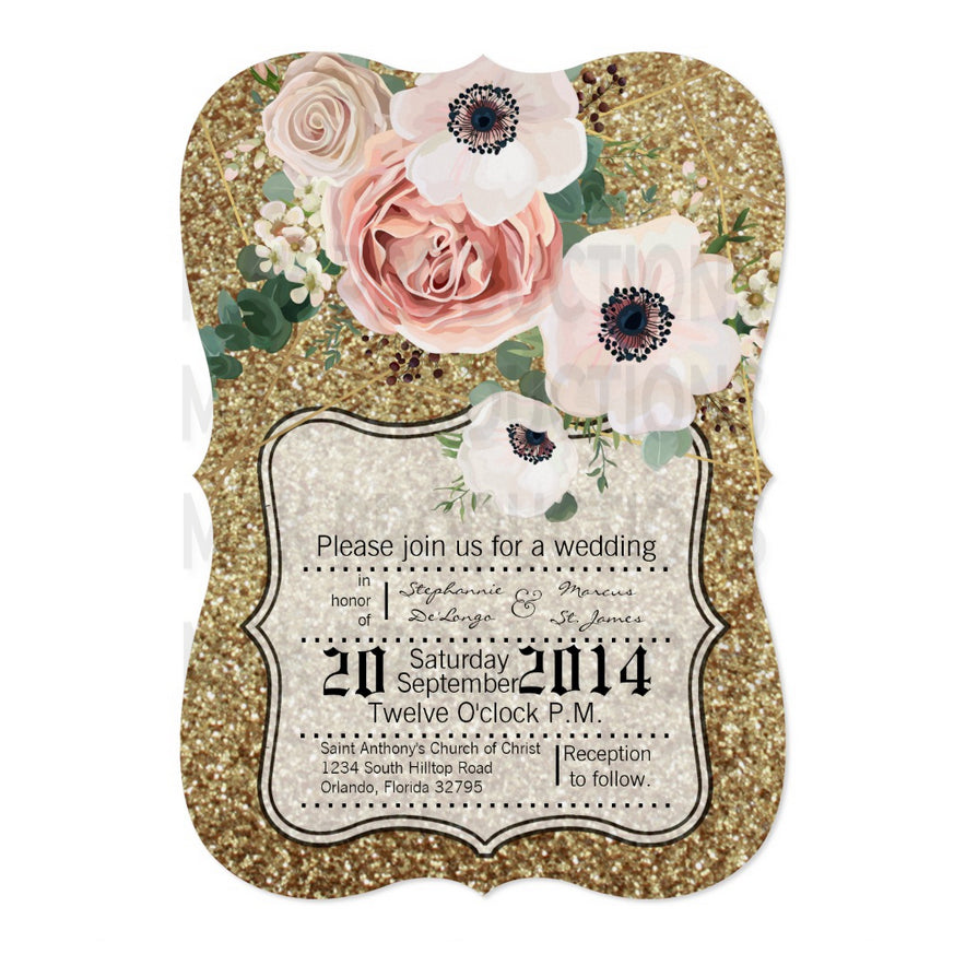 5x7 PRINTED Wedding Invitation - Gold and Pink Sparkly Roses Formal Elegant Floral Flowers