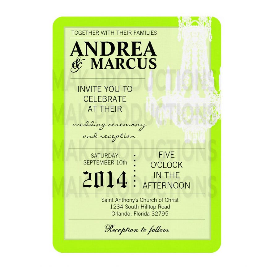 5x7 PRINTED Wedding Invitation -  Neon Green and White Simple Elegant Chandelier