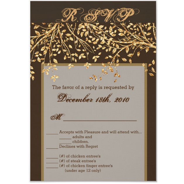 3.5x5 Vertical PRINTED Wedding R.S.V.P. Card - Brown and Gold Tree Leaves