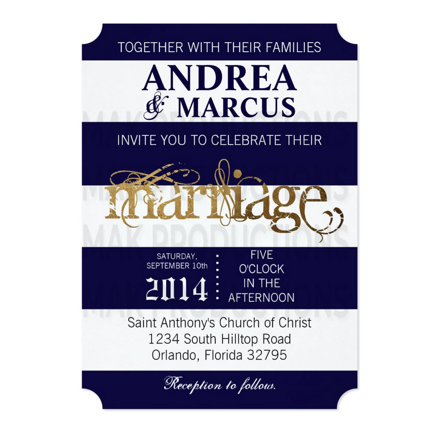 5x7 PRINTED Wedding Invitation - Navy Blue and White Simple Stripe Pattern Gold fancy Marriage