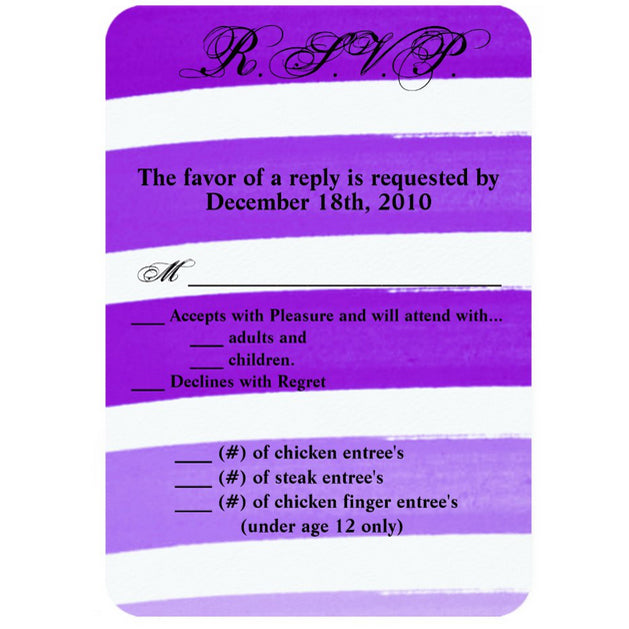 3.5x5 Vertical PRINTED Wedding R.S.V.P. Card - Purple and White Ombre Stripe Patter Background