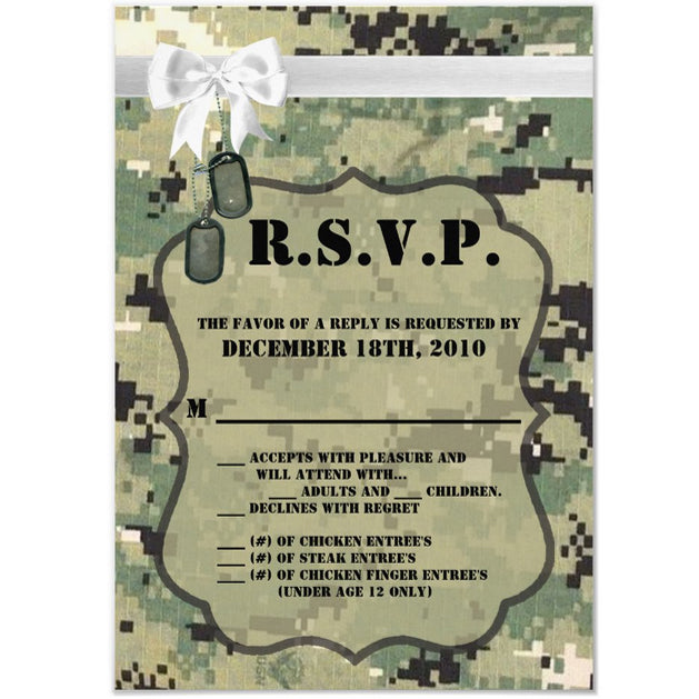 3.5x5 Vertical PRINTED Wedding R.S.V.P. Card - Light Green Camo Army Silver Dog Tag White Bow Ribbon