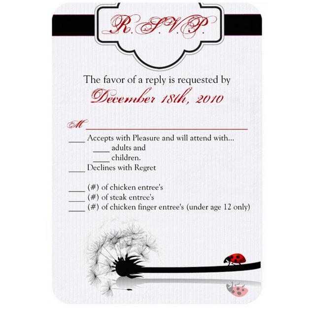 3.5x5 Vertical PRINTED Wedding R.S.V.P. Card - White and Black Dandelion Plant Floral Flower Lady Bug