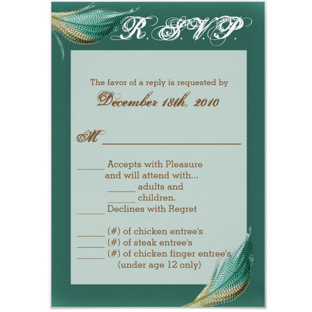 3.5x5 Vertical PRINTED Wedding R.S.V.P. Card - Teal and White Peacock Bird Feathers