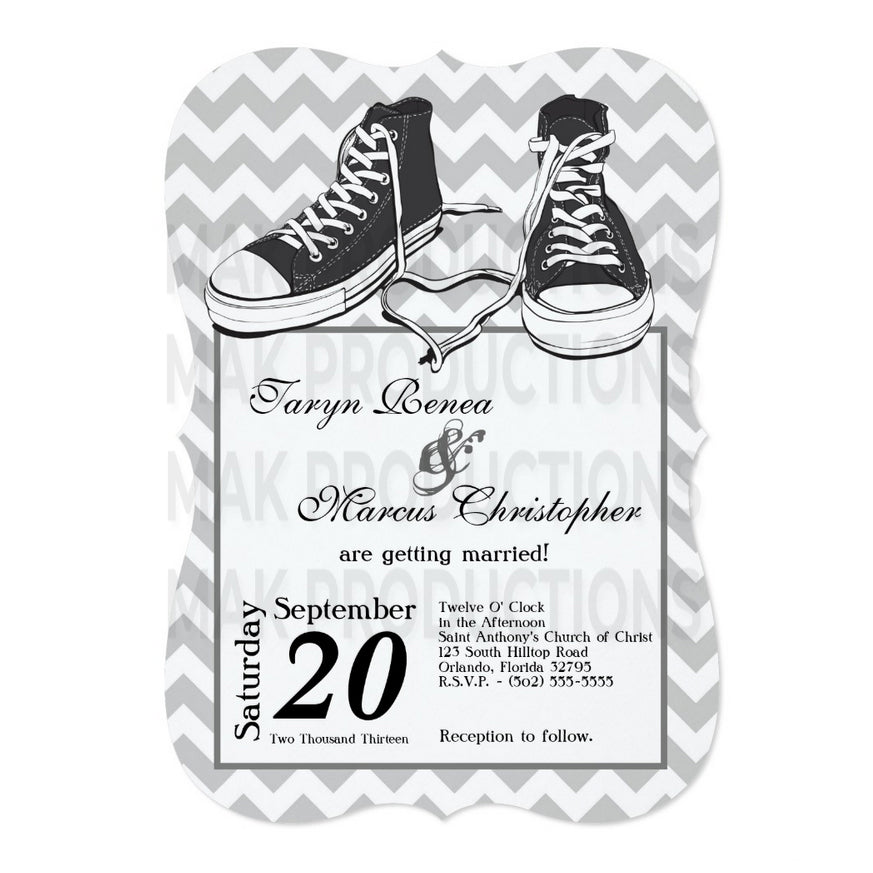 5x7 PRINTED Wedding Invitation - Light Gray and White Zig Zag Shoe Converse Graphic