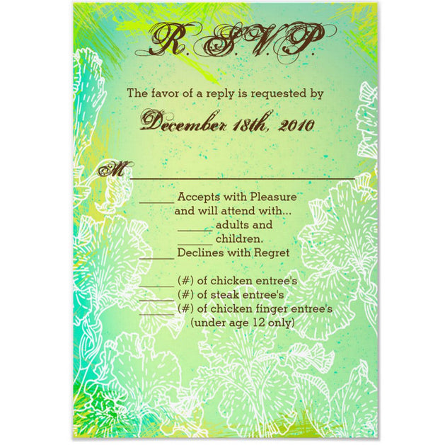 3.5x5 Vertical PRINTED Wedding R.S.V.P. Card - Green and Teal Leaves Succulent Plant Splatter Texture