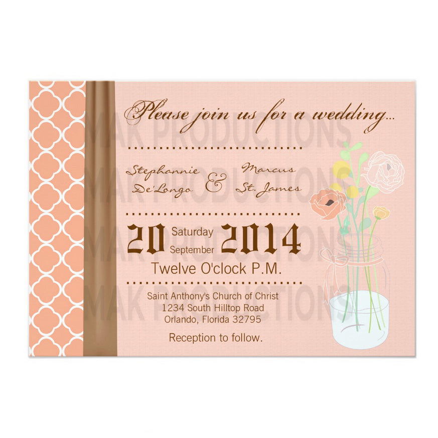 7x5 PRINTED Wedding Invitation -  Red and Brown Simple Pokadot Floral Flowers