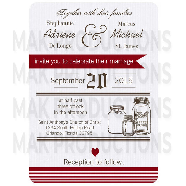 5x7 PRINTED Wedding Invitation - Simple Rustic Country Dark Red Stripe Mason Jars