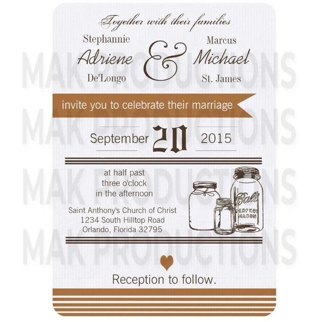 5x7 PRINTED Wedding Invitation - Simple Rustic Country Brown Stripe Mason Jars