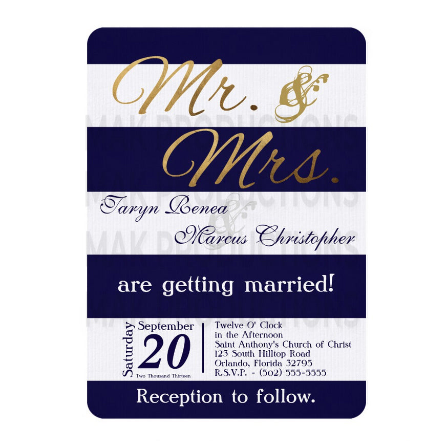 5x7 PRINTED Wedding Invitation - Navy Blue and White Simple Stripe Pattern Gold Mr. and Mrs.