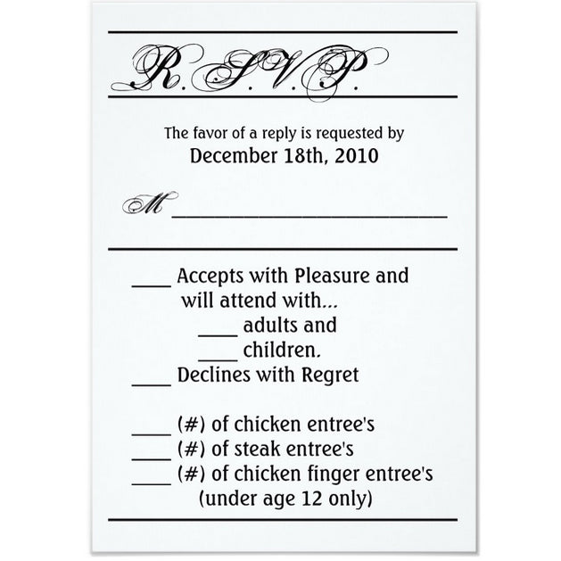 3.5x5 Vertical PRINTED Wedding R.S.V.P. Card - White Plain Simple Black Stripe