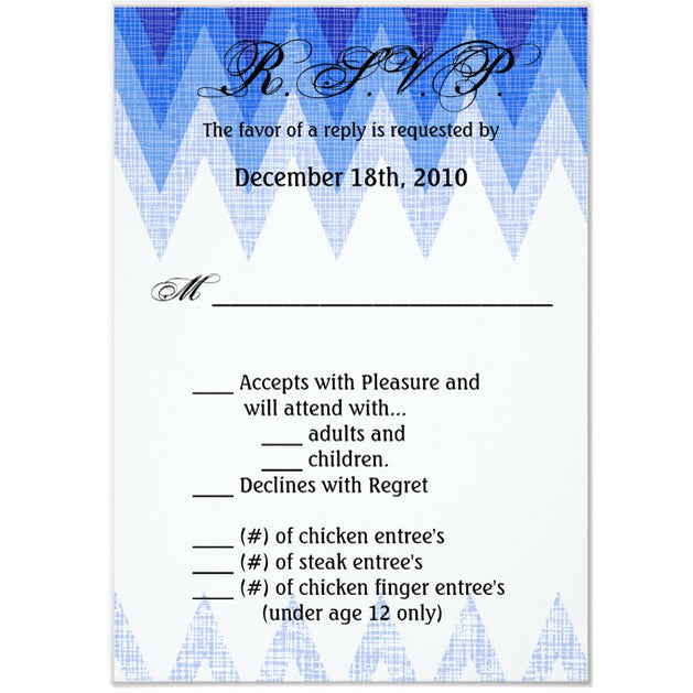 3.5x5 Vertical PRINTED Wedding R.S.V.P. Card - Blue Zig Zag Stripe Banner Hanging