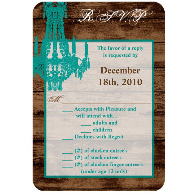3.5x5 Vertical PRINTED Wedding R.S.V.P. Card - Wood Boards and Teal Fancy Chandelier Graphic