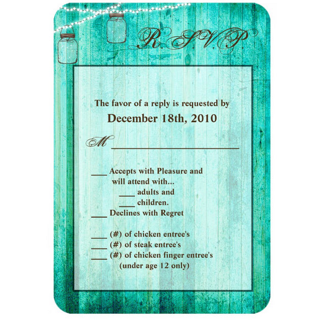 3.5x5 Vertical PRINTED Wedding R.S.V.P. Card - Teal Wood Country Mason Jar