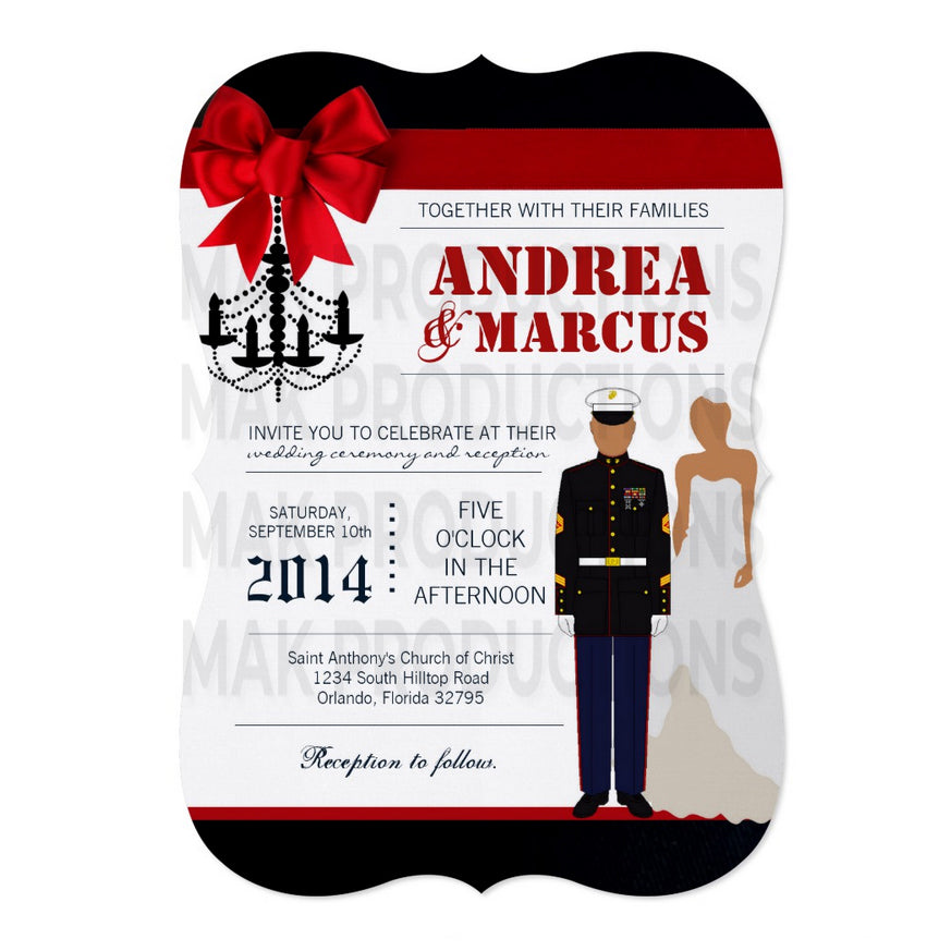 5x7 PRINTED Wedding Invitation - Black and Red Armed Forces Couple Wedding Chandelier