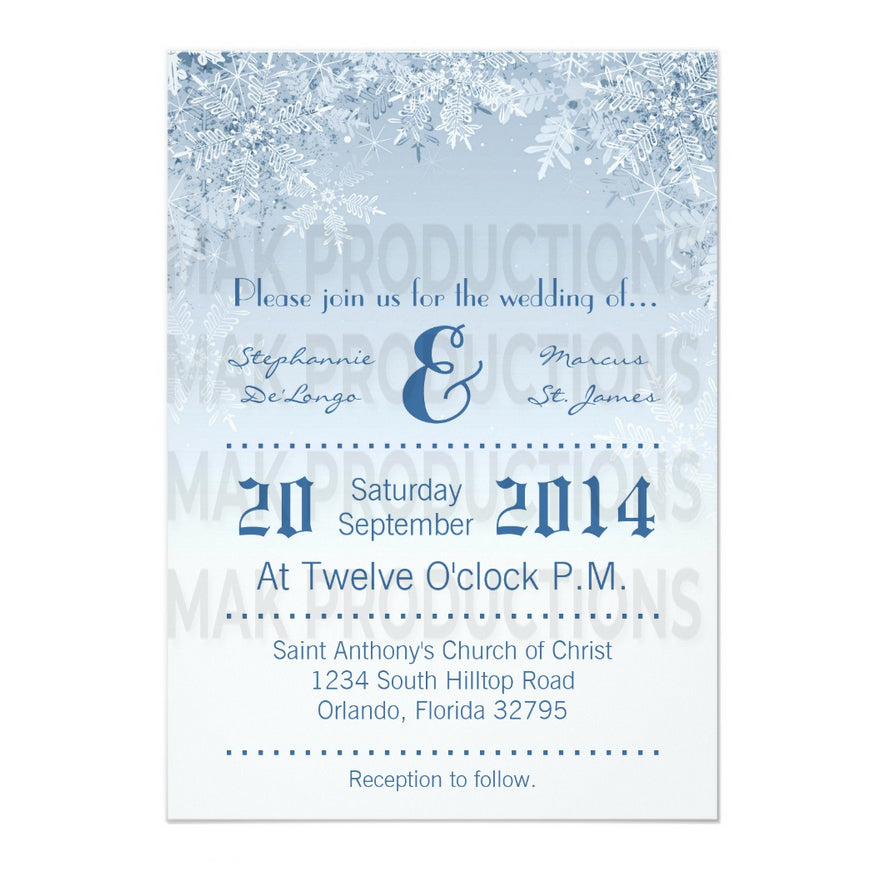 5x7 PRINTED Wedding Invitation - Blue and White Winter Tree Leaves