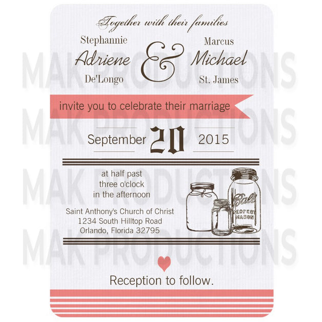 5x7 PRINTED Wedding Invitation - Simple Rustic Country Red Stripe Mason Jars