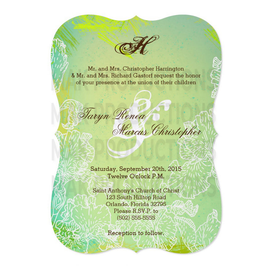 5x7 PRINTED Wedding Invitation - Blue and Green Abstract Elegant Pattern