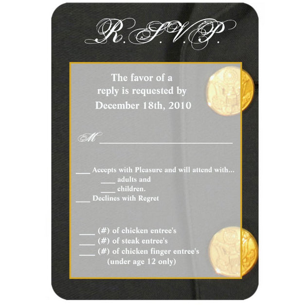 3.5x5 Vertical PRINTED Wedding R.S.V.P. Card - Black Army Suit Gold Buttons