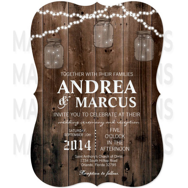 5x7 PRINTED Wedding Invitation - Brown Fancy Traditional Rustic Mason Jar String Lights