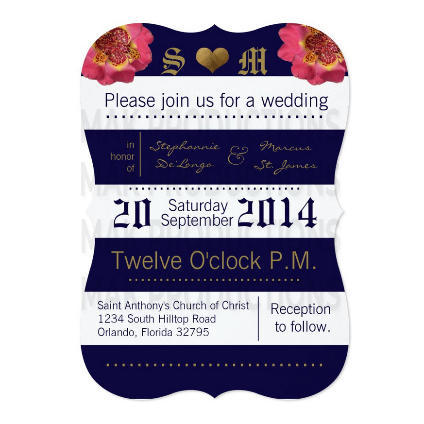 5x7 PRINTED Wedding Invitation - Navy Blue and White Simple Stripe Pattern Gold Pink Floral Flowers