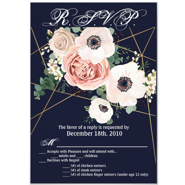3.5x5 Vertical PRINTED Wedding R.S.V.P. Card - Navy Blue Geometric Floral Flower Rose