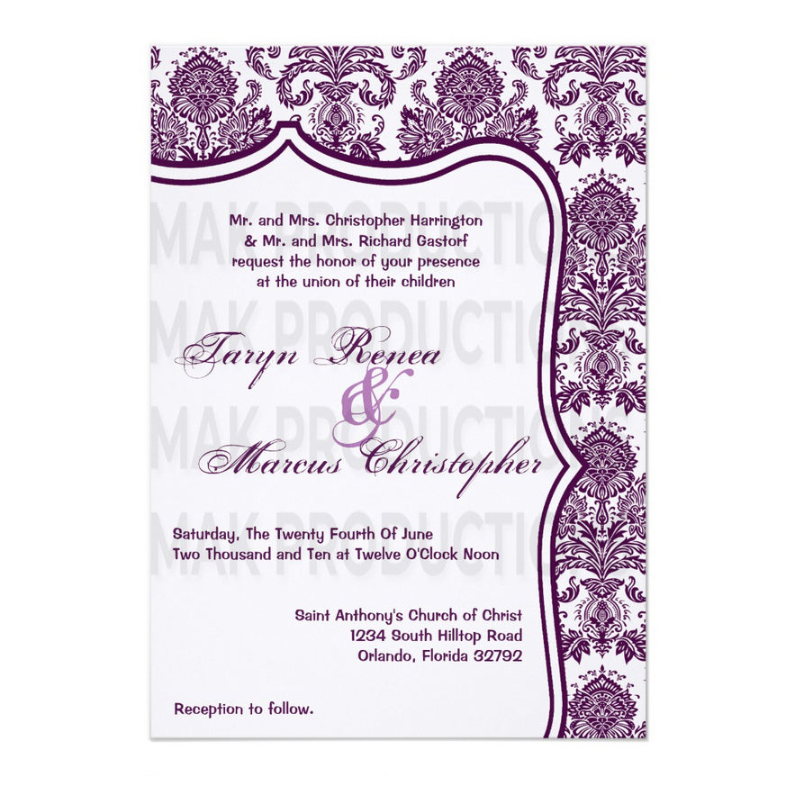5x7 PRINTED Wedding Invitation - White and Purple Simple Elegant Damask Tile Pattern