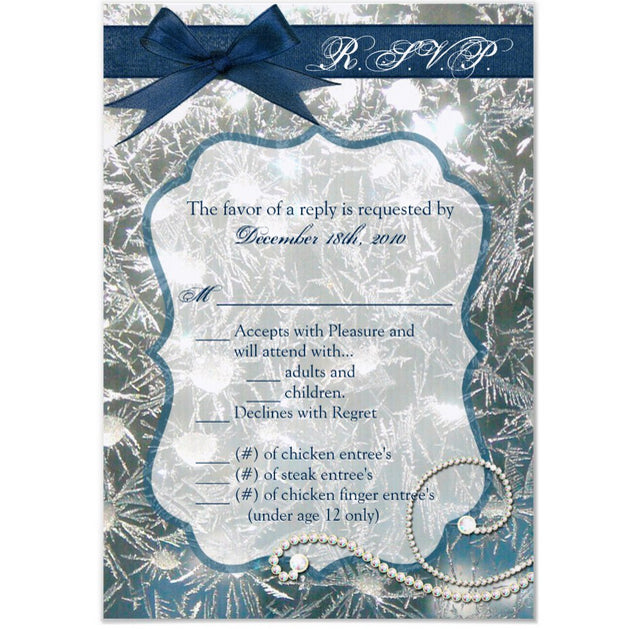 3.5x5 Vertical PRINTED Wedding R.S.V.P. Card - Winter Christmas Tree Pine Needles Snowy Navy Blue Bow Ribbon