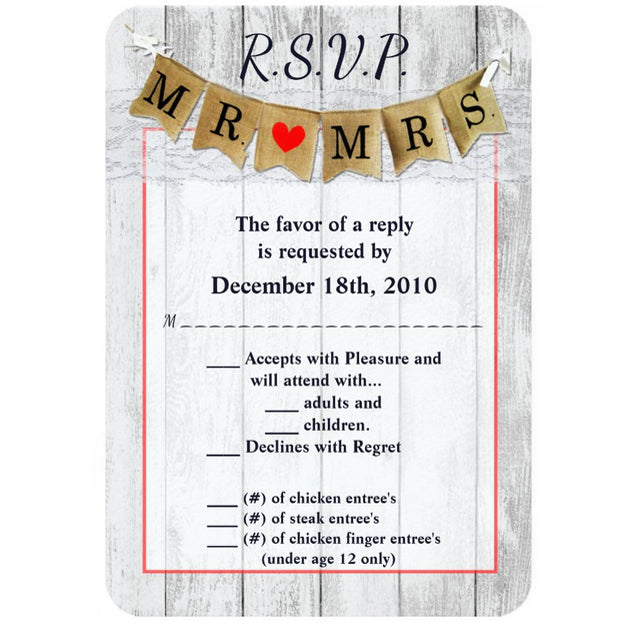 3.5x5 Vertical PRINTED Wedding R.S.V.P. Card - White Wood Boards Mr Mrs Gold Banner