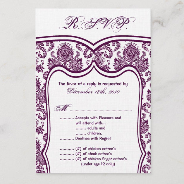 3.5x5 Vertical PRINTED Wedding R.S.V.P. Card - Purple and White Elegant Floral Damask Tile Patter