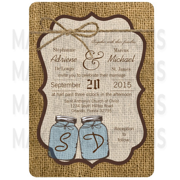 5x7 PRINTED Wedding Invitation - Tan Burlap Potato Sack Rustic Country Initials Mason Jars Rope Bow