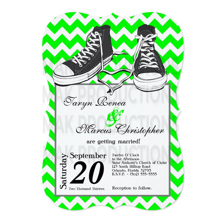 5x7 PRINTED Wedding Invitation - Green and White Zig Zag Shoe Converse Graphic