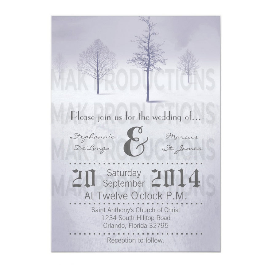 5x7 PRINTED Wedding Invitation - Gray and White Simple Winter Trees Snow