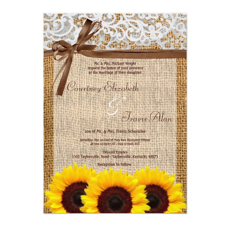5x7 PRINTED Wedding Invitation - Tan and Yellow Burlap Potato Sack Sunflowers Brown Bow