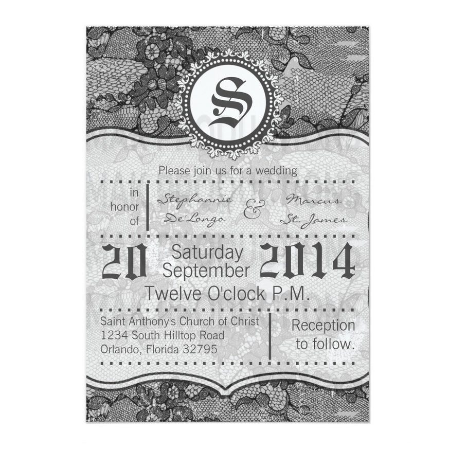 5x7 PRINTED Wedding Invitation - Elegant Gray and White Lace Pattern