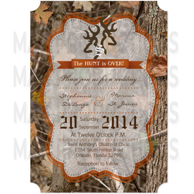 5x7 PRINTED Wedding Invitation - Dark Orange Woods Forest Camo Couples Deer