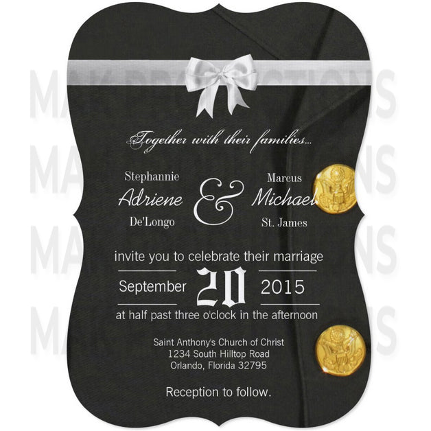 5x7 PRINTED Wedding Invitation - Green Army Dress Suit Gold Buttons White Bow